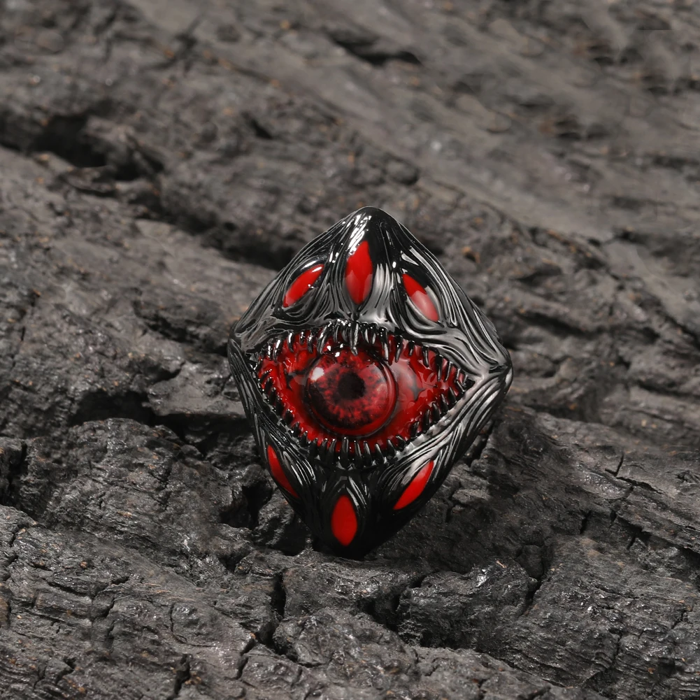 THE BLING KING Men\'s Red Devil Eye Ring Ruby Evil Teeth Big Black Parasite Charm Gothic Vintage Punk Jewelry For Cosplay Party