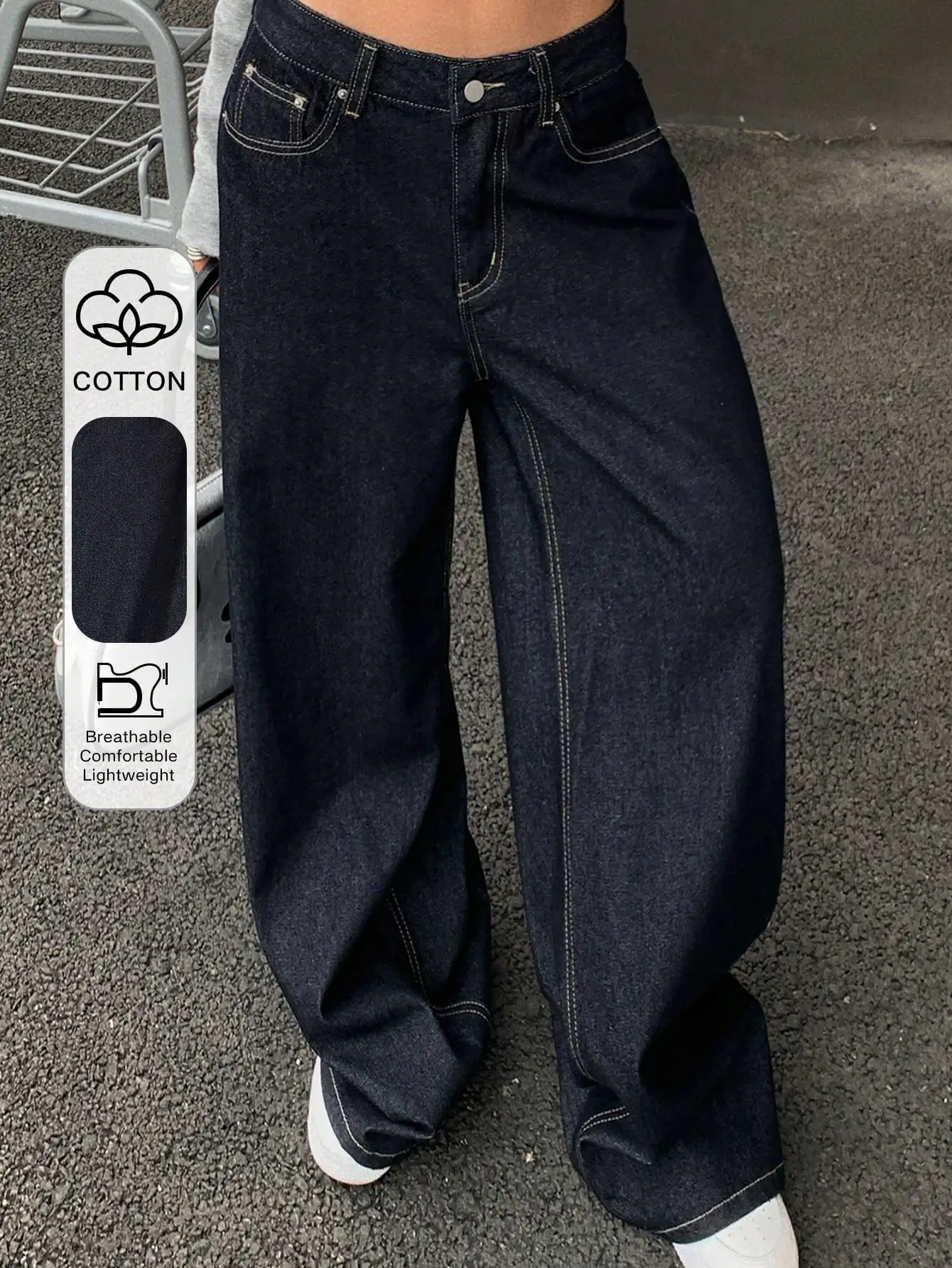 

Женские джинсы с высокой талией и широкими штанинами, с контрастной строчкой, в повседневном уличном стиле