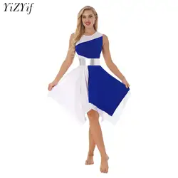 Womens Color Block Ballet Dance Gymnastics Asymmetrical Dress Leotard Modern Contemporary Dancewear Stage Performance Costume