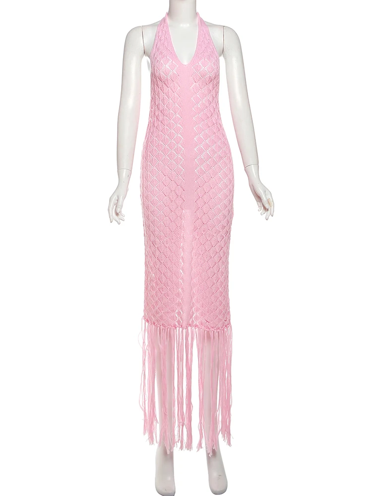 Nibber Patchwork Backless Halter Maxi Kleid Frauen Sexy Sommer Tiefem V-ausschnitt Hohl Quaste Solide Schlank Mitternacht Party Club Vestidos