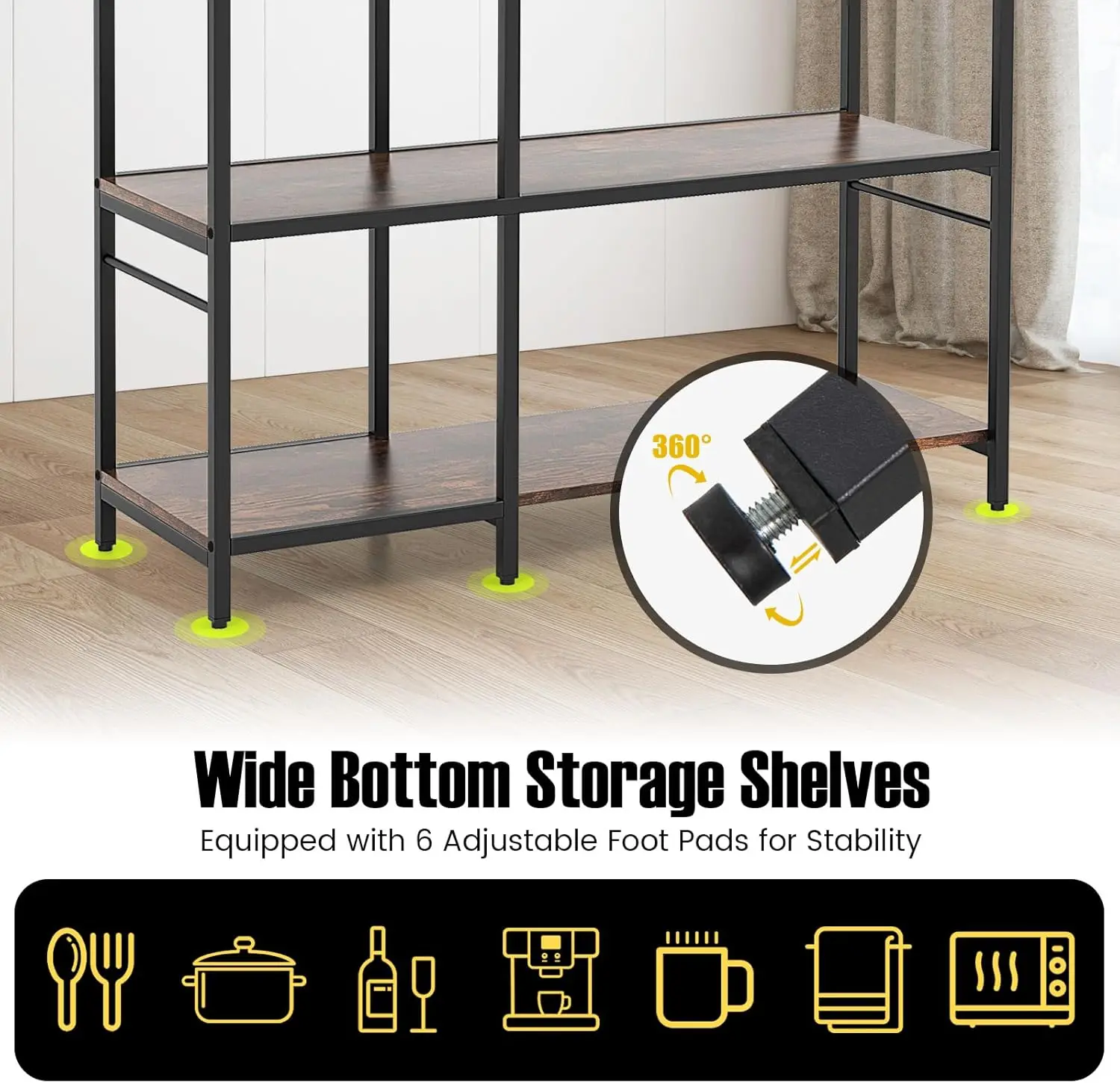 ชั้นวางของสำหรับทำขนมพร้อมปลั๊กไฟ, โต๊ะบาร์กาแฟ 5 ชั้น พร้อมตะขอรูปตัว S 10 อัน, ชั้นวางไมโครเวฟขนาดใหญ่ 63 ซม., สำหรับห้องครัว