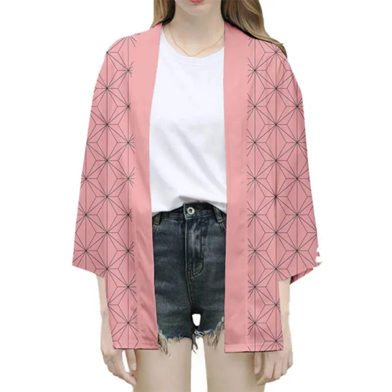 Summer Japanese Haori Kimono Anime Characters Kamado Tanjirou Cosplay Costume Pink Kamade Zezeko Kimono for Mens Women Cape