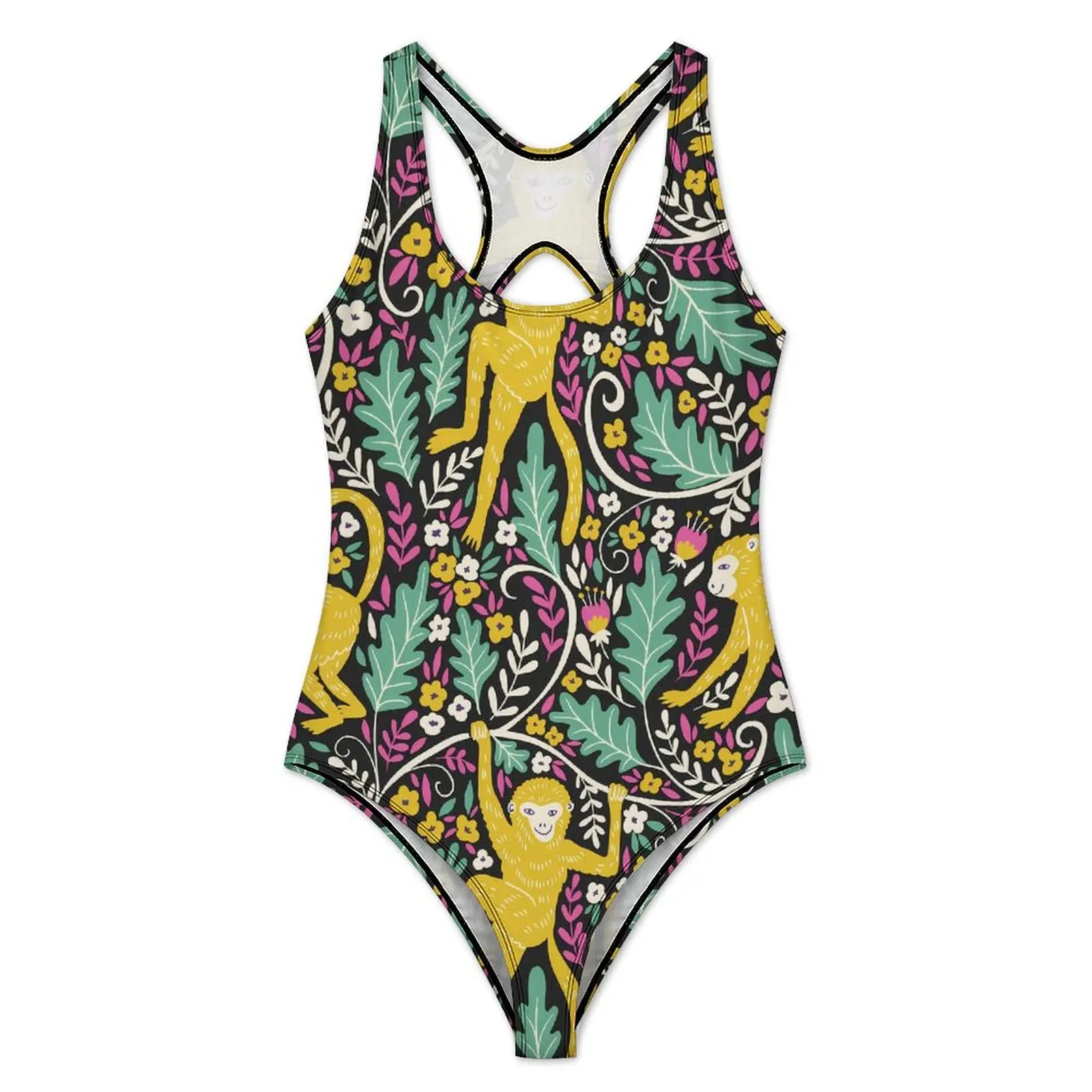 Funny Monkey Swimsuit Floral Print Swimwear One-Piece Holiday Swim Bodysuit Backless Bathing Suits Women Push Up Sexy Beach Wear