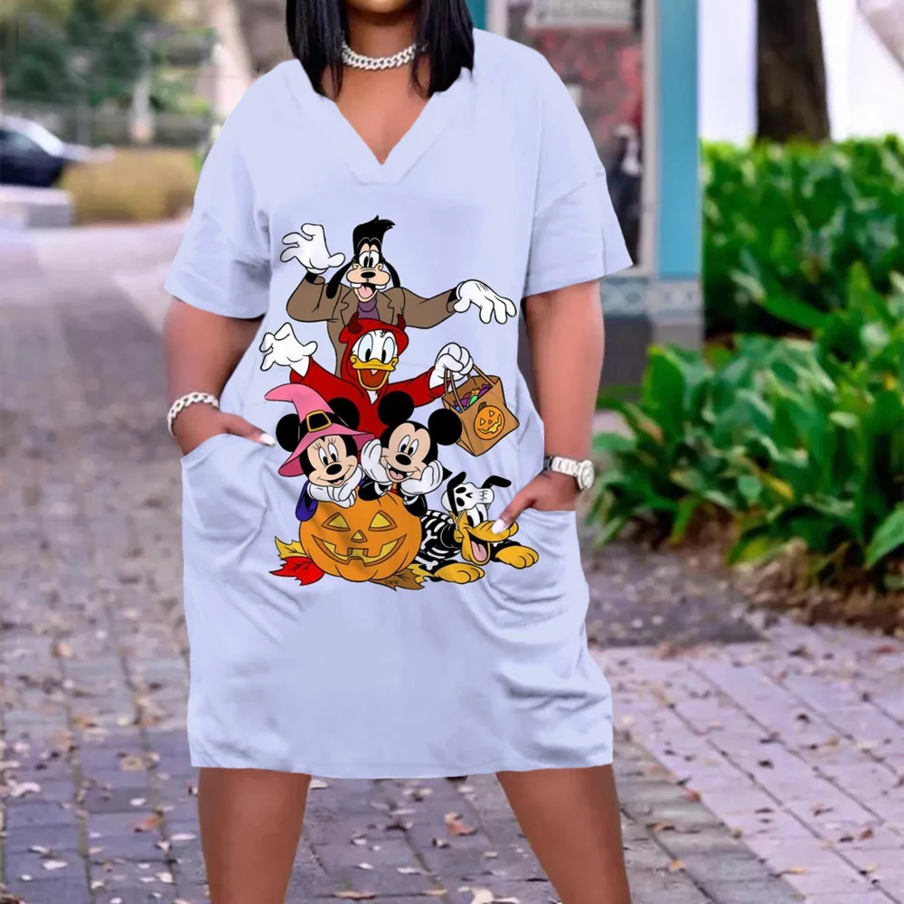 Disney Kawaii Cartoon Print Robe Long Sleeves Fat Loose Women's Minnie Dress Women V Neck Mid Length Beach Dress