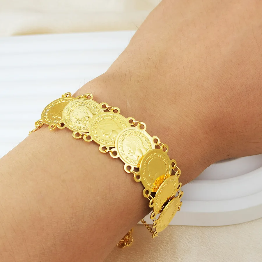 9999 gold Middle Eastern Bohemian luxury coin bracelet with heart-shaped pieces and extended chain - perfect gift for brides,