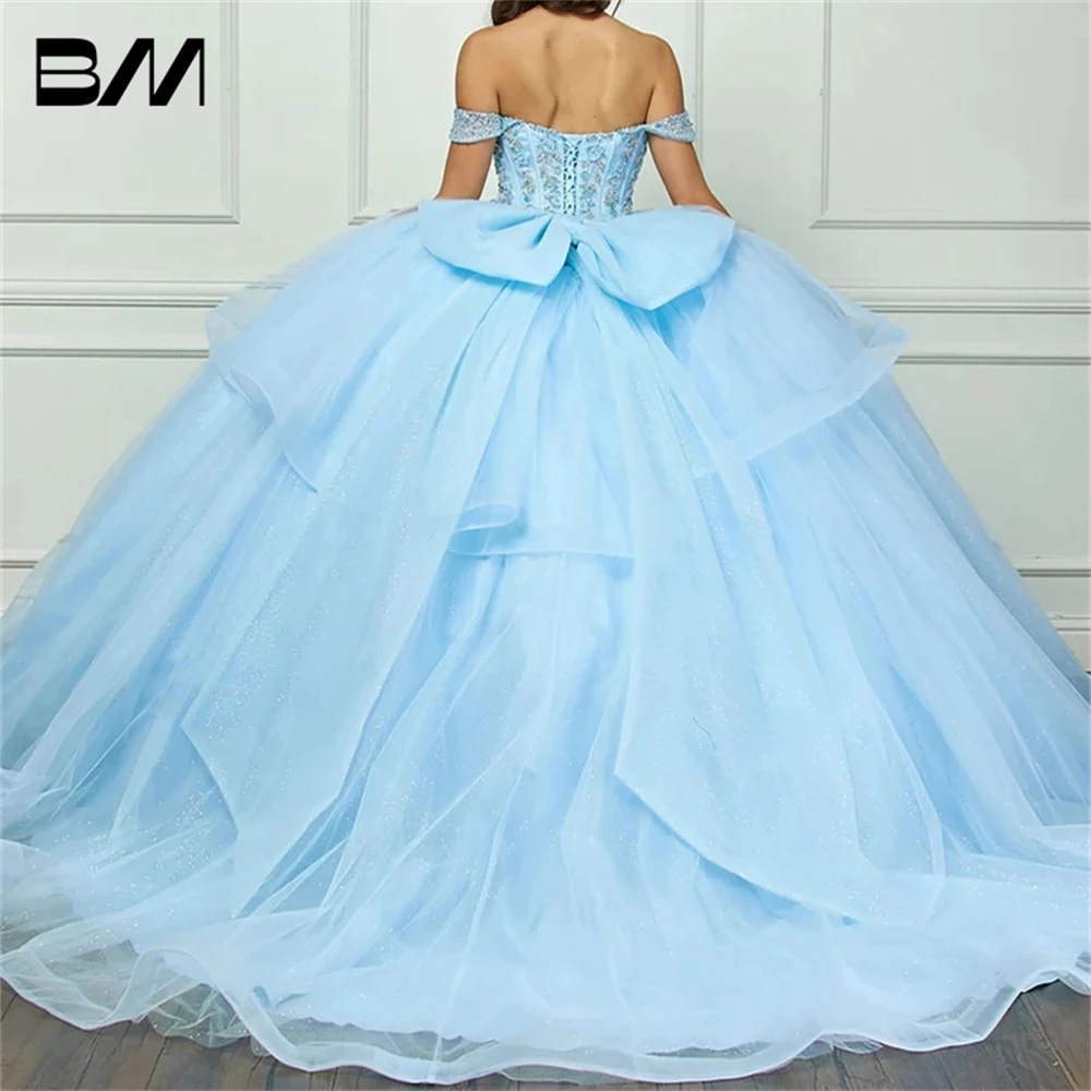 Vestido de Quinceañera con capas de tul brillantes, corpiño con hombros descubiertos, adornos, corsé con hombros descubiertos, vestido de cóctel, graduación, Gwon