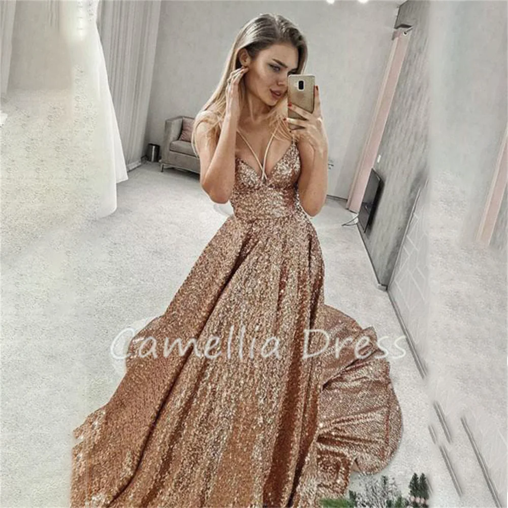 

Shiny A-line Long Evening Dresses Puffy Sleeveless Party Dresses Sparkly Sequin Formal Dresses Vestidos De Fiesta فساتين السهرة