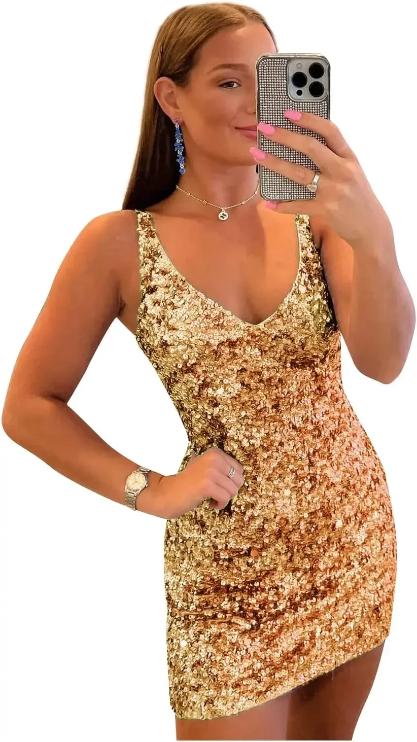 Robe de Cocktail pour filles, tenue de club, courte, à paillettes, pour adolescentes, col en v, scintillante, robe de bal formelle pour femmes, 2026