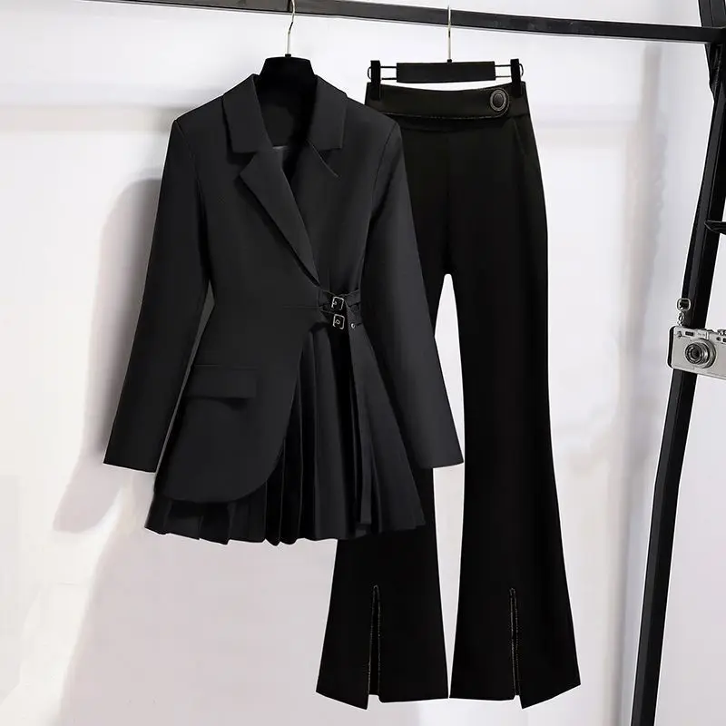 Spring New Lace-up Pleated Suit Dress Casual Flared Pants Two-piece Elegant Women\'s Pants Suit Office Manager Outfits for 2023