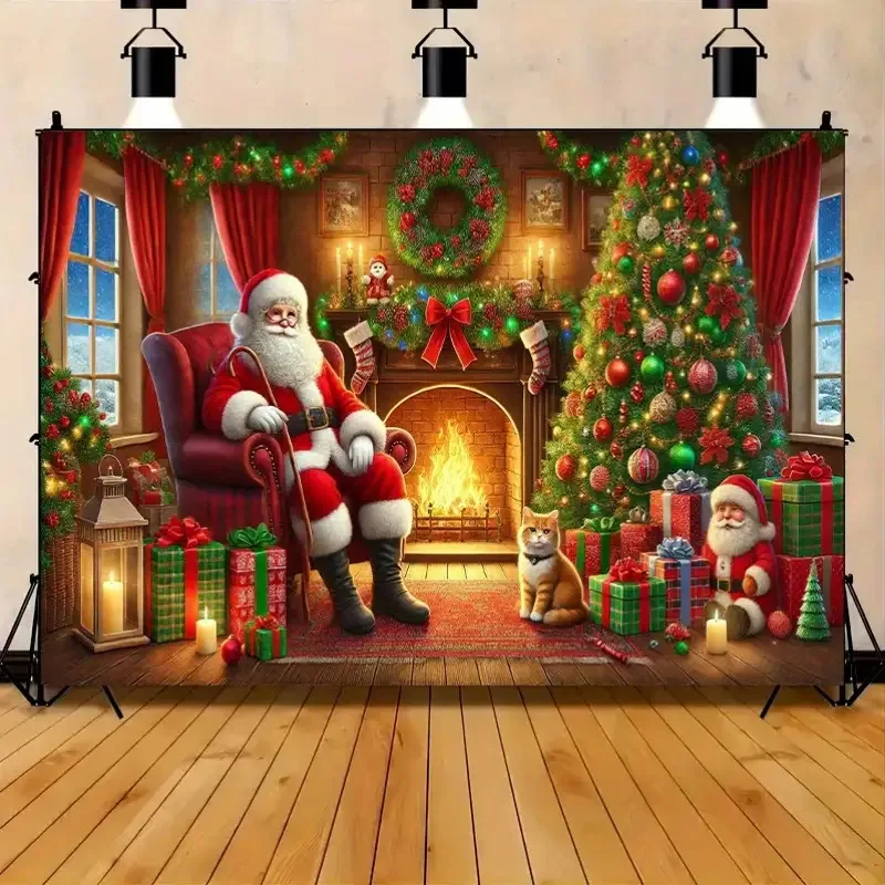 2D Flat, Large Christmas Tapestry Wall Hanging - Santa Claus with Stockings & Tree by Fireplace, Heavy-Duty Indoor/Outdoor Holid
