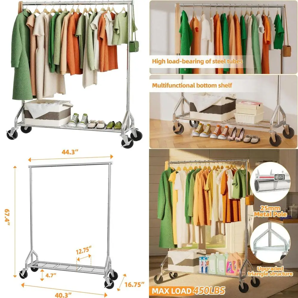

Портативная сверхмощная вешалка для одежды на колесиках с полками, вместимость 450 фунтов, хромированная отделка для домашнего и коммерческого использования.