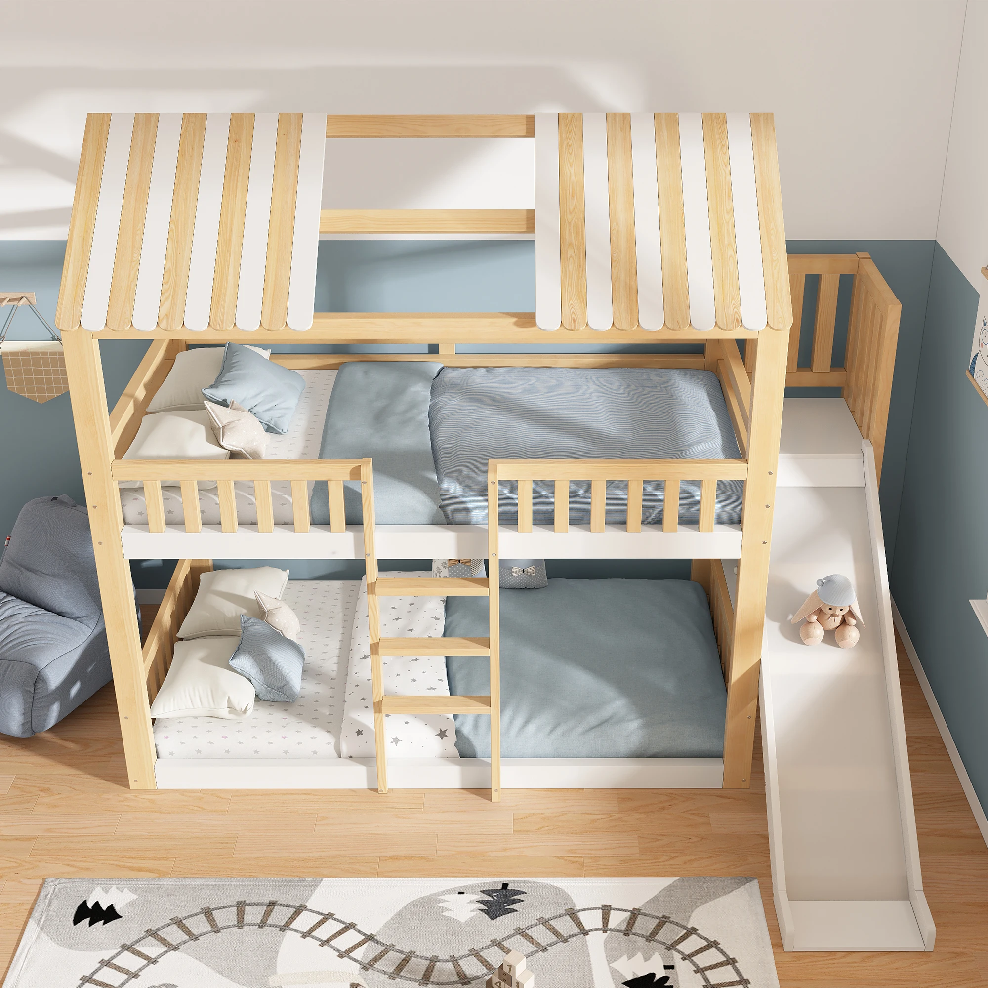 Lit superposé pour enfants blanc et naturel 90x200cm avec toit en pente – Lit mezzanine avec étagère et toboggan de 35cm – Montage sécurisé, idéal pour les familles avec 2 enfants – Certifié EN 747, construction en bois robuste – Sans matelas, montage facile, gain de place