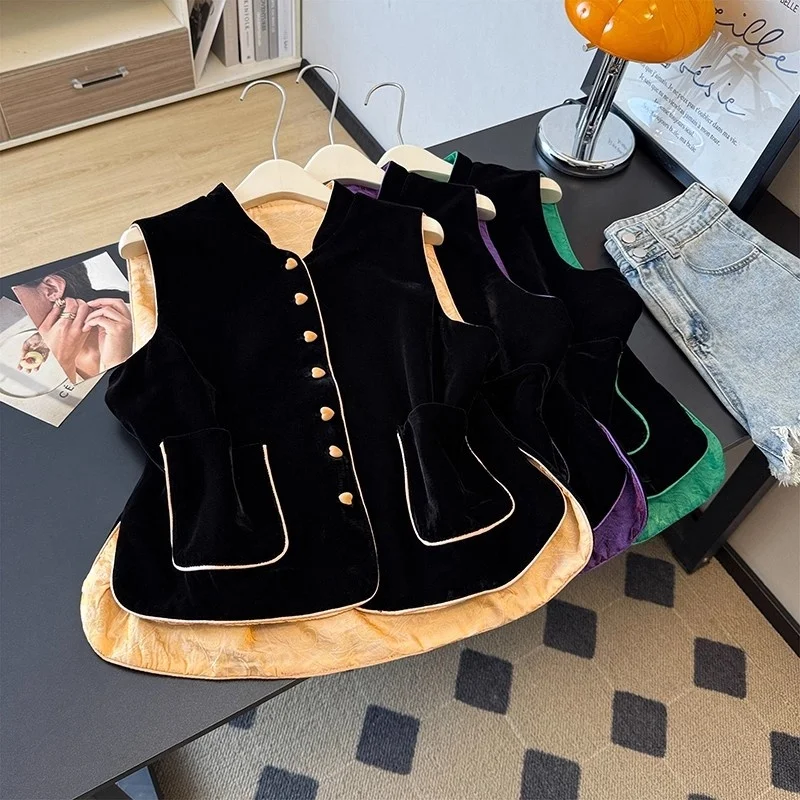 

Fashionable And Casual Velvet Vest Versatile 2025 Early Autumn Chinese Style Single Breasted Waistcoat Jacket w830