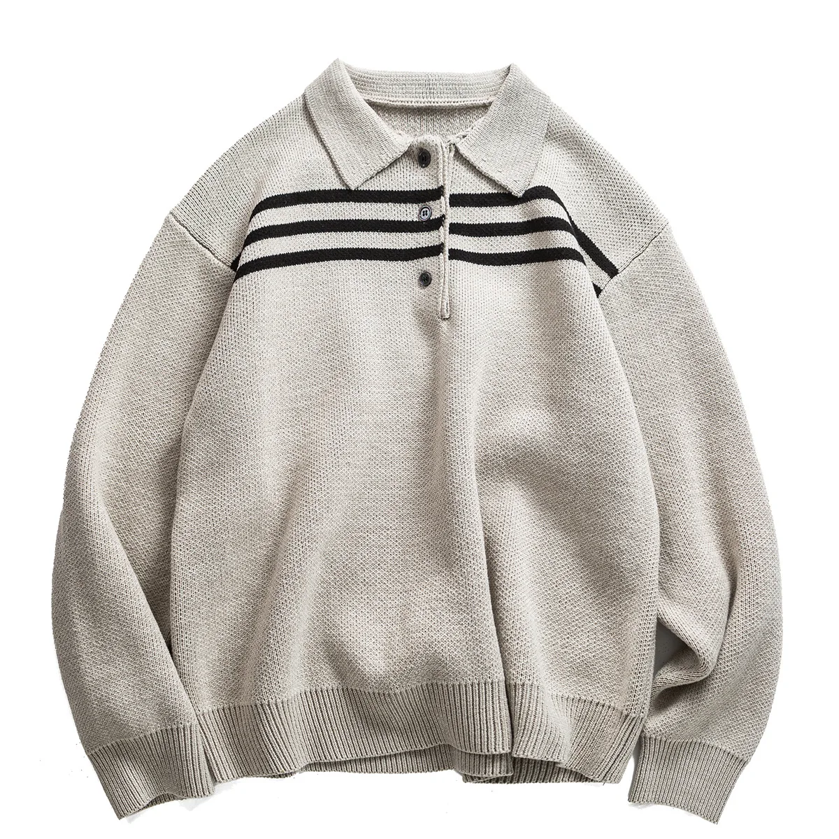 

American Retro College Striped Jacquard Polo Collar Sweater Unisex Loose Fit Old Money Style Knit Pullover for Men Amekaji