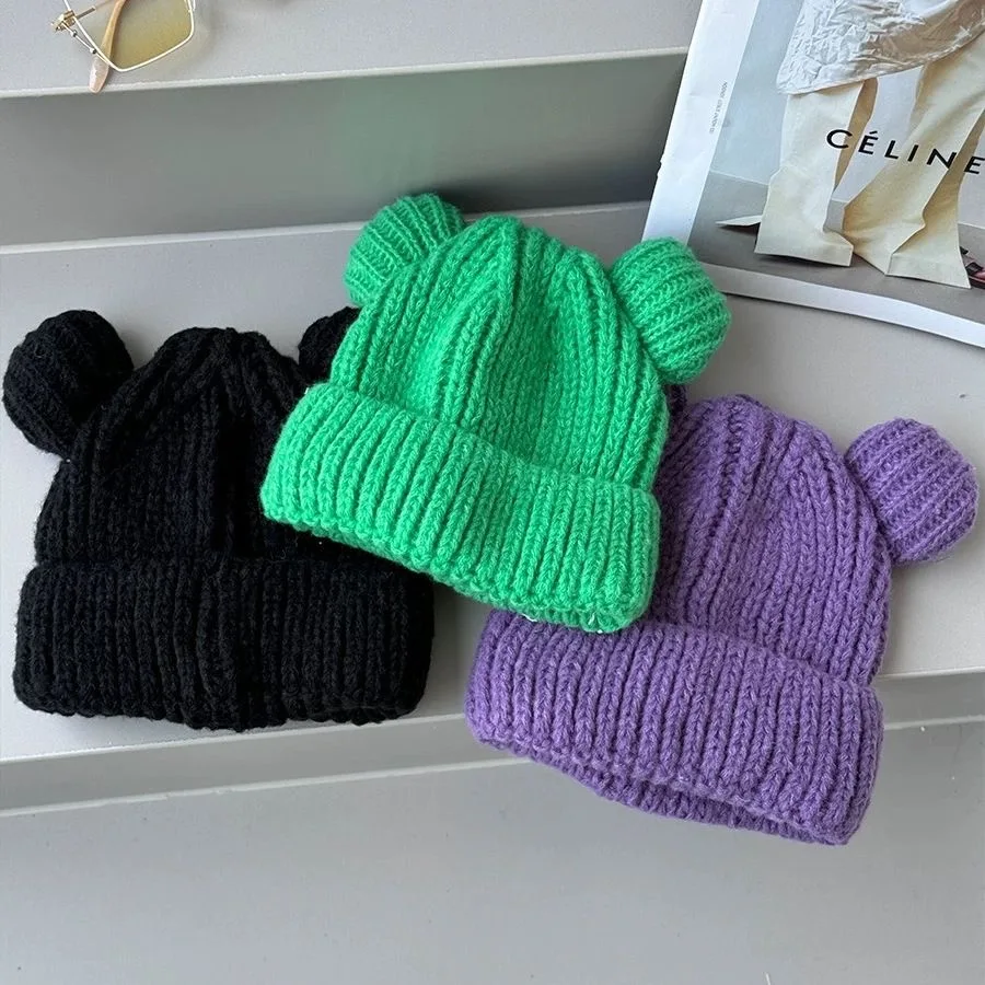 Children\'s cute bear ear knitted hat baby wool hat foreign style solid colour boys and girls pullover hat cute