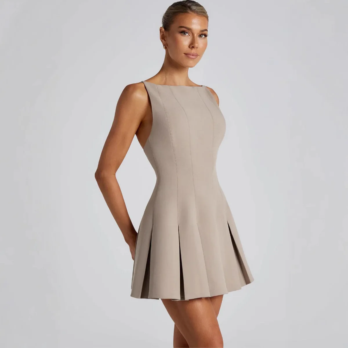 Summer 2025 Women's Wide Swing Folded Waist Skirt Simple Solid Color Sleeveless Generous Hooded Dress