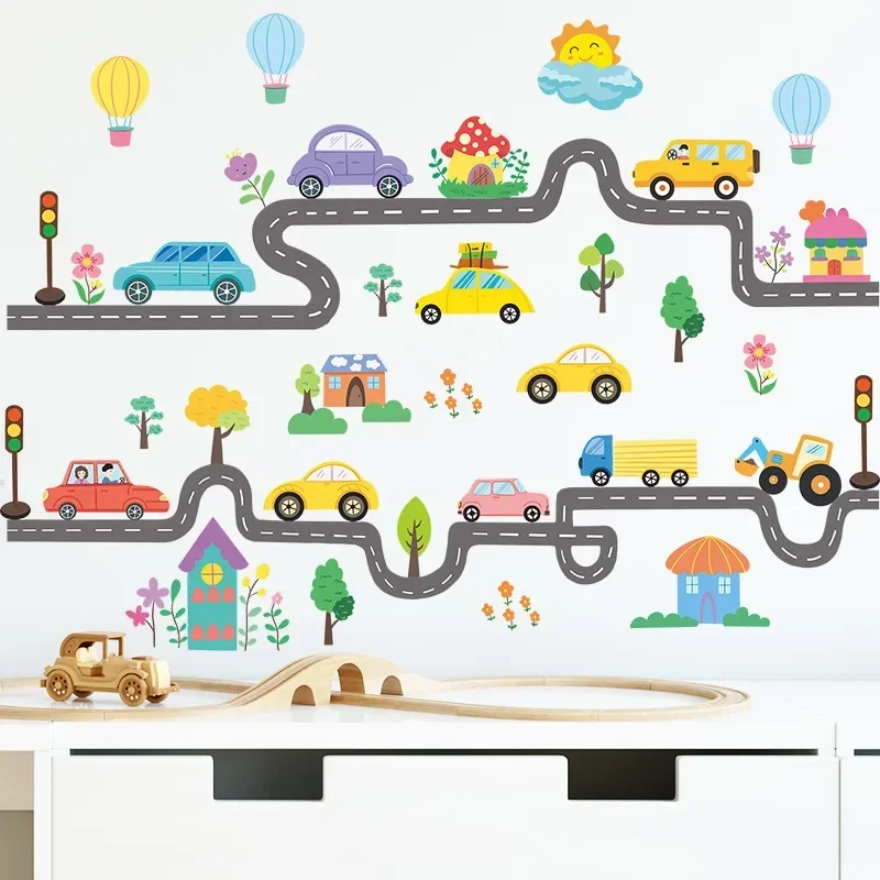 Cartoon road car Hot Air balloon house trees children\'s room background decorative wall stickers self-adhesive home accessories