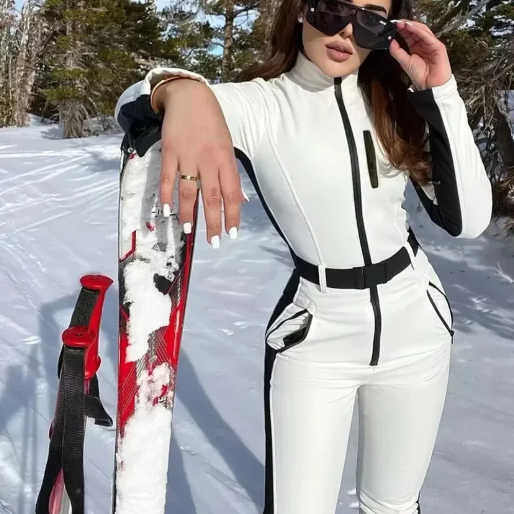 

Winter Jumpsuit Ski Suit Women's Casual Warm High Waist Long Pants with Belt