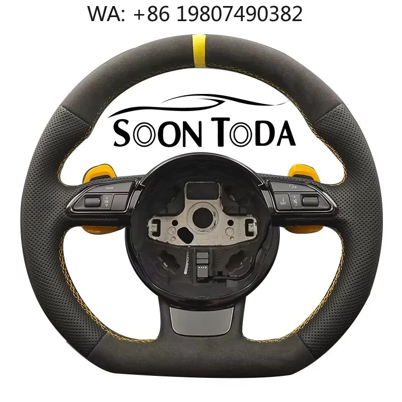 

Custom Yellow Top Mark Leather Racing Style Button Carbon Fiber Steering Wheel Fit R8 A3 A4 A5 A6