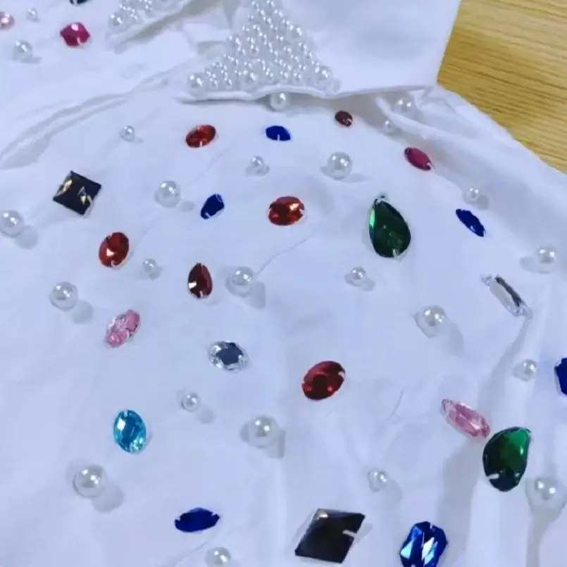Perlen Perlen Bunte Steine Stich Baumwolle Kurzarm Blusen Shirts Frauen 2025, Sommer Neue Mode Trend Lose Beiläufige Tops