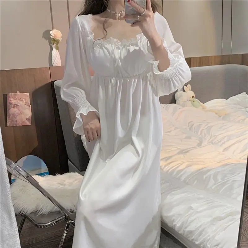 Vintage French Style Nightgowns Women Square Collar Loose Smooth Autumn Ruffles Designed Princess Simple Sleepwear Cozy Ins Chic