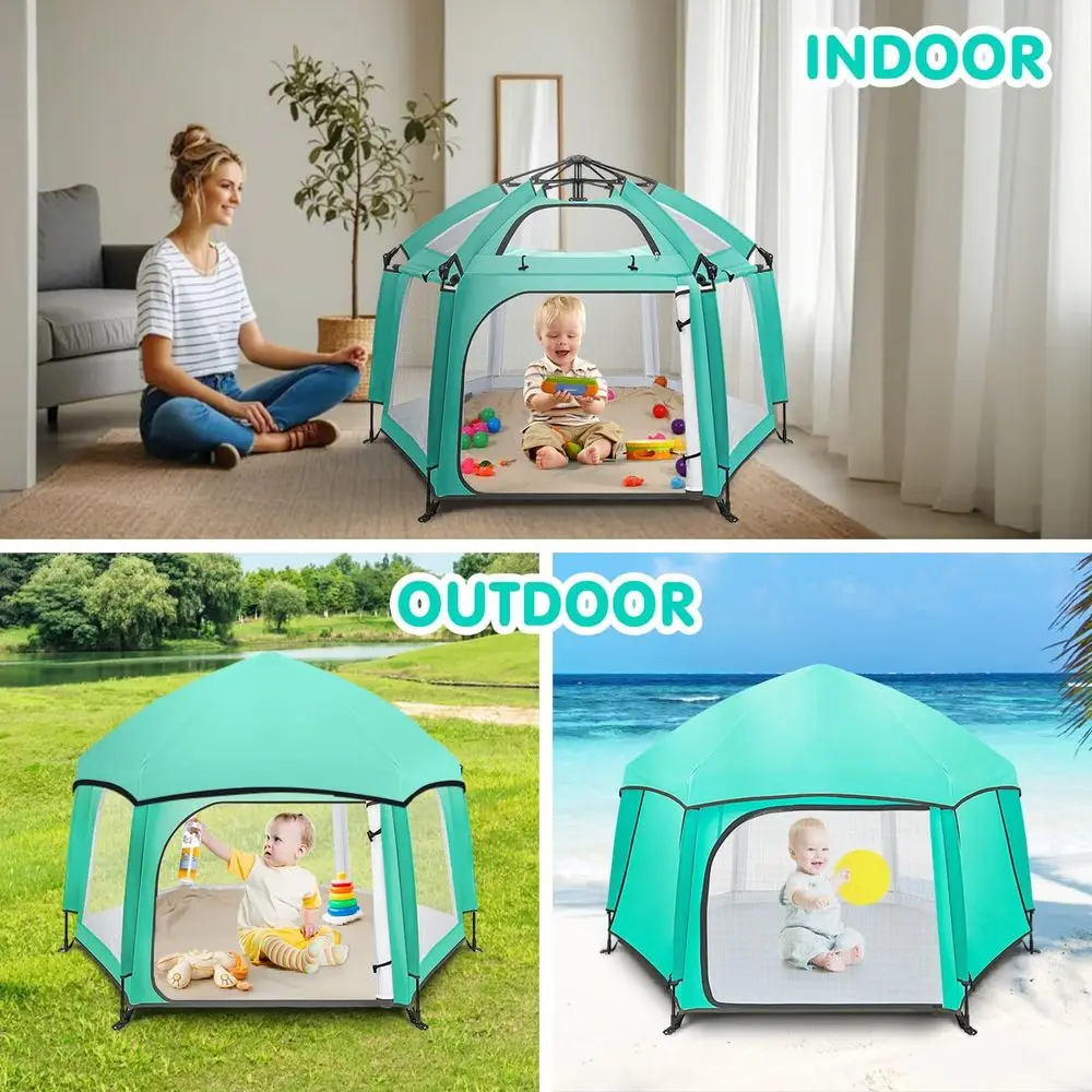 ساحة لعب محمولة للأطفال مع مظلات وأغطية للأشعة فوق البنفسجية، روضة أطفال خفيفة الوزن للسفر للاستخدام في الهواء الطلق والمنزل، أخضر نعناعي