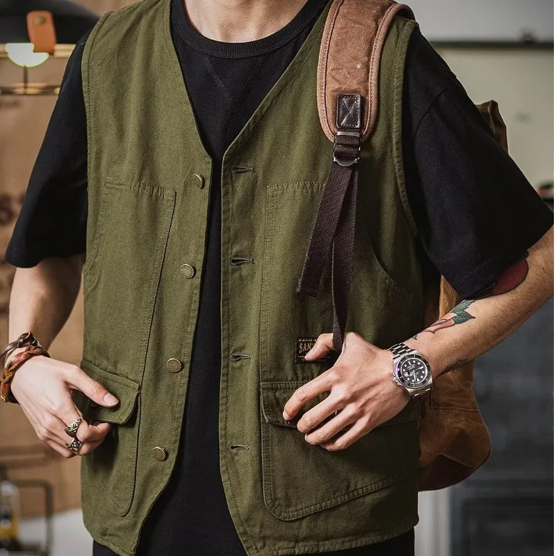 2026 All Season Men American Vintage Cotton Vest Multi Pocket Workwear Thin Loose Fit Autumn Casual Youth Streetwear Sleeveless