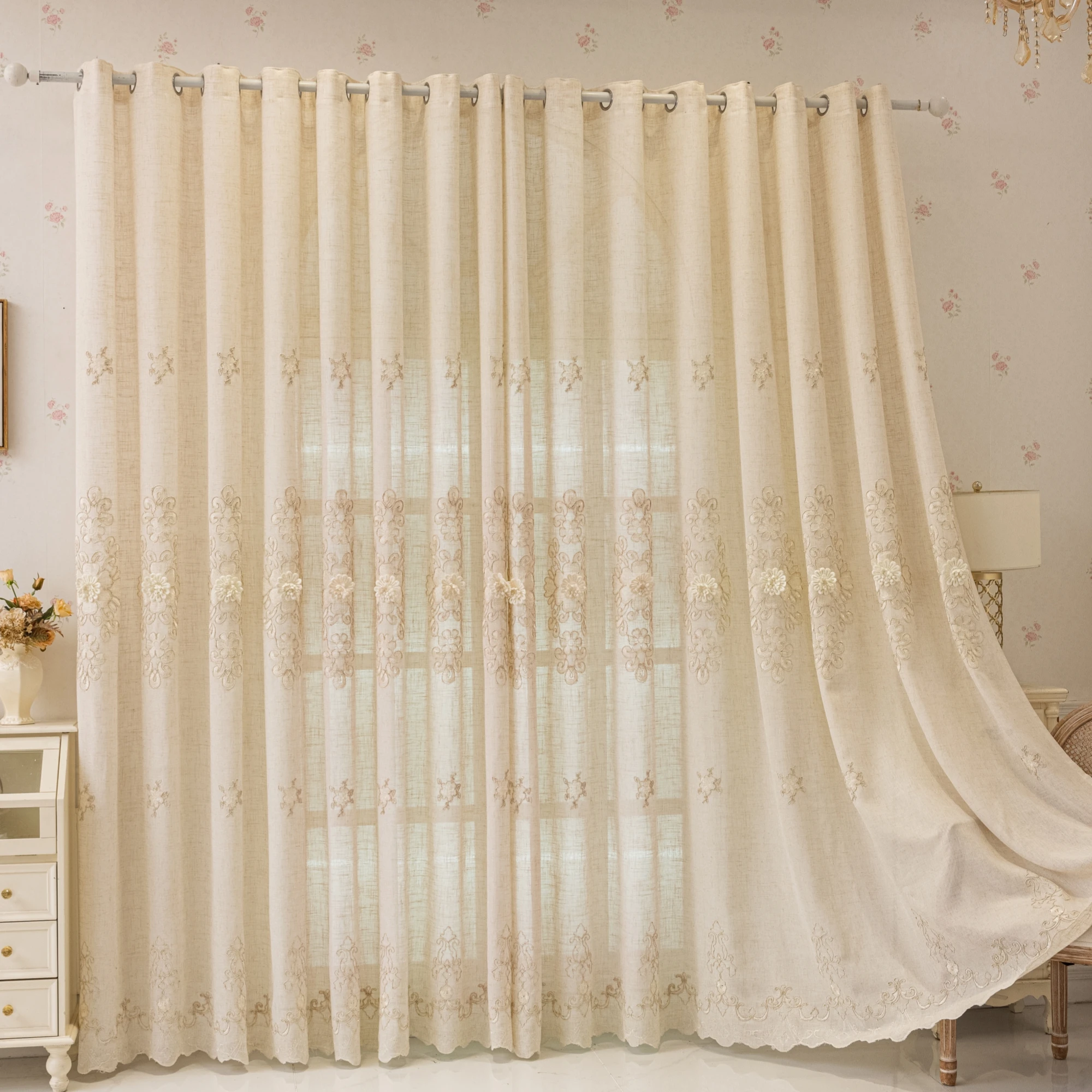 1pc French Beige Linen Texture Curtain, 3D Floral Embroidery Eyelet Drapes, Vintage Semi Sheer Window Curtain for Living Room Be