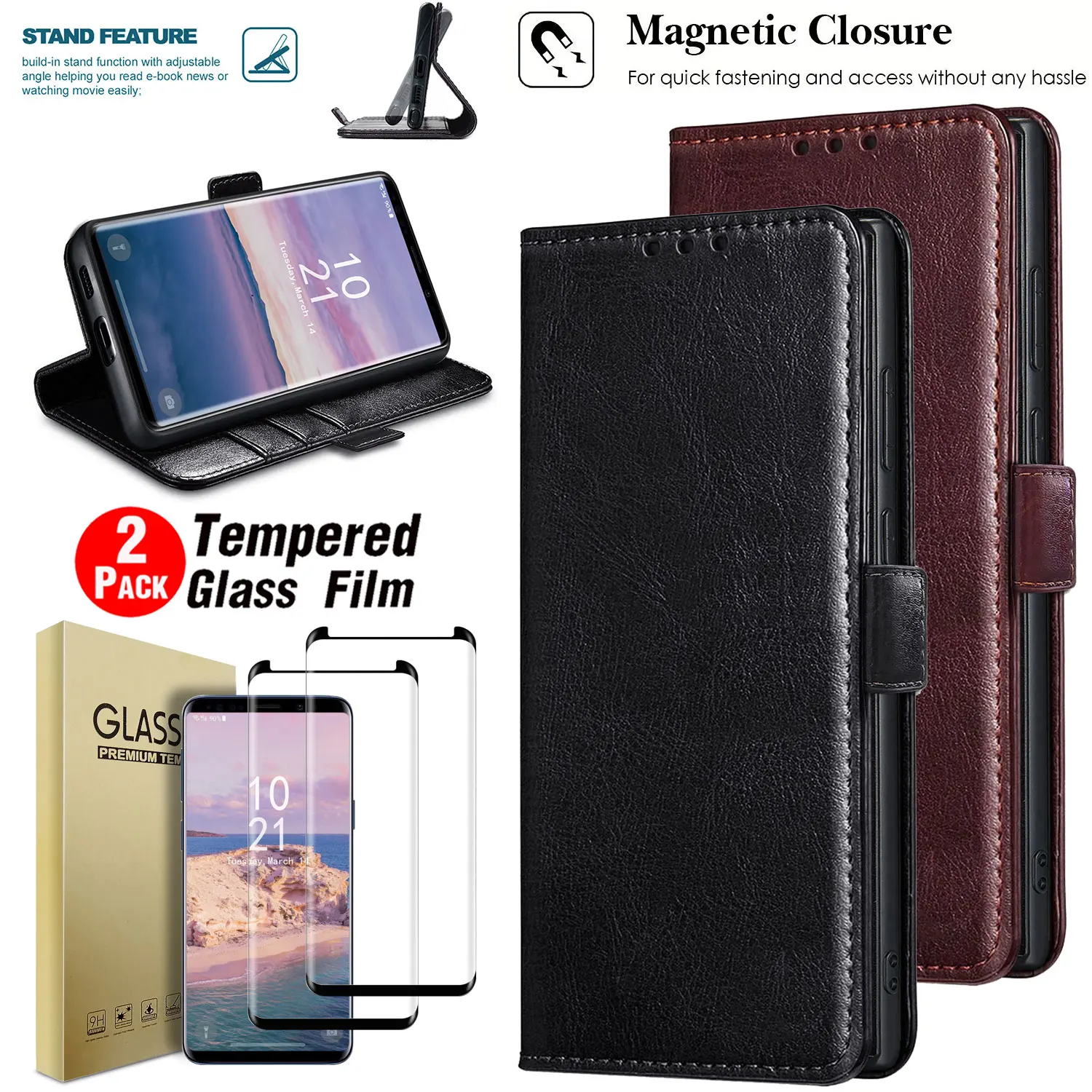 

For Samsung For Galaxy S9/S9+,S8/S8 Plus Faux Leather Case Flip Stand Folio Cover +2PCS Clear Tempered Glass Screen Protectors