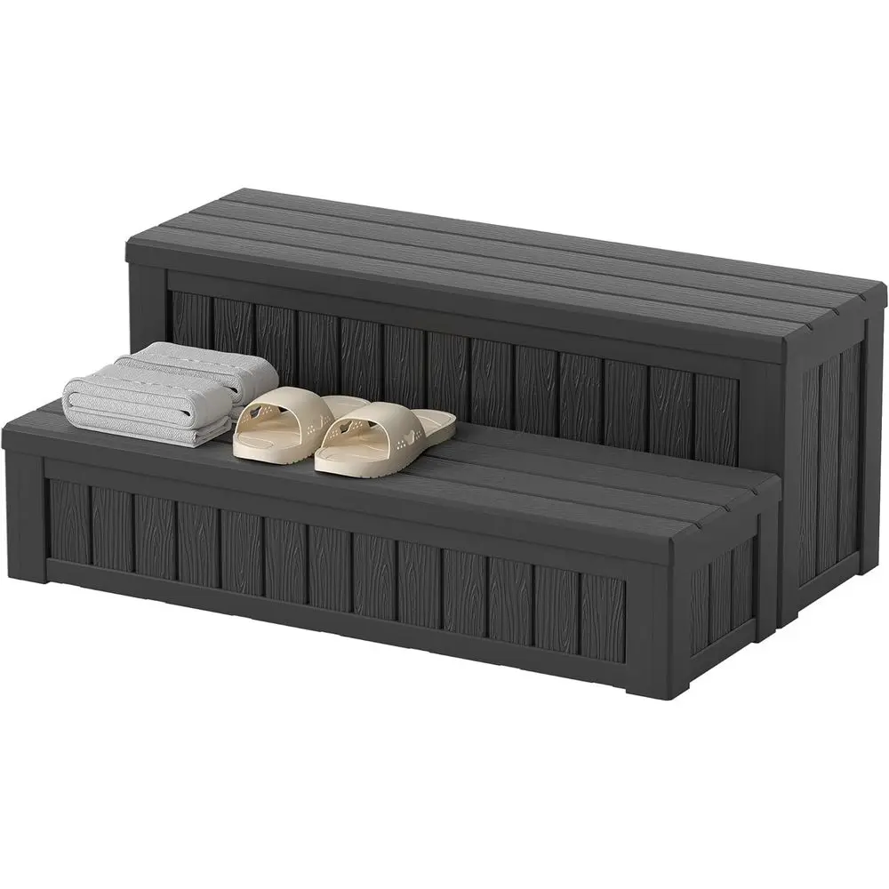 

Outdoor Plastic Hot Tub Steps with Storage, 36.6 Long Non-Slip, Weatherproof, 32 Gallon Capacity, Black
