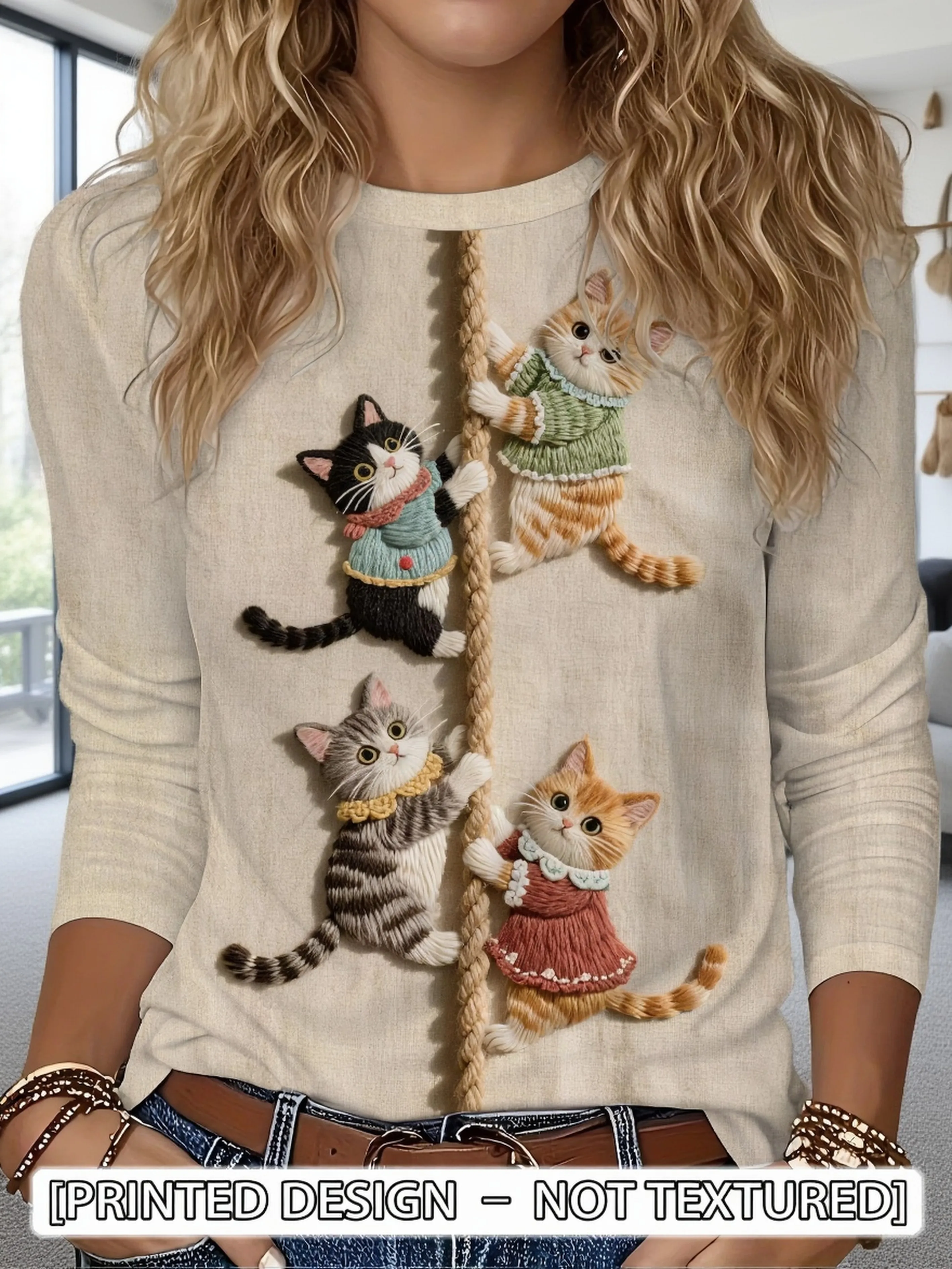 Embroidery Tshirt - Women Crew Neck Long Sleeve T‑Shirt