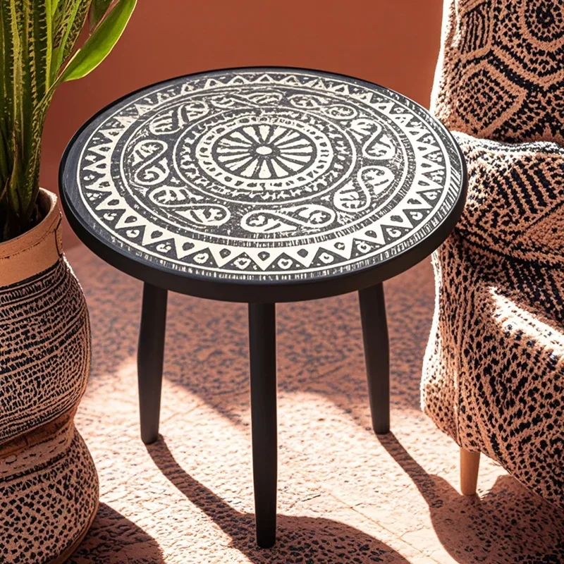 ‌ Mesa de centro tallada vintage, mesa auxiliar redonda de madera maciza, escritorio compacto para balcón, decoración estética p