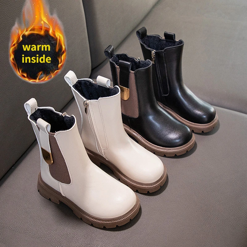 Girls Leather Long Boots Autumn Winter Children\'s Rubber Boots Warm Fur Anti-skid Fashion Kids Classic Chelsea Boots Zipper