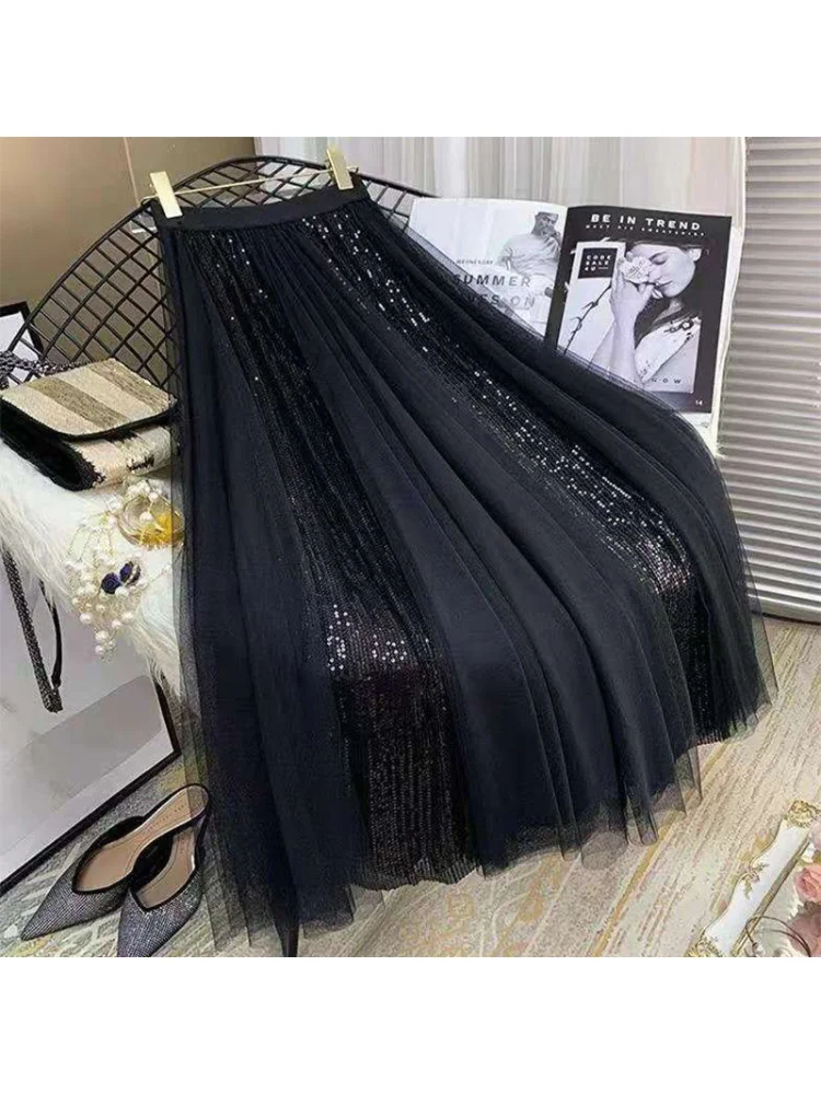 

Fashion Mesh Patchwork Sequined Long Skirt Women Korean Style Spring Summer High Waisted A Lien Black Skirts Female