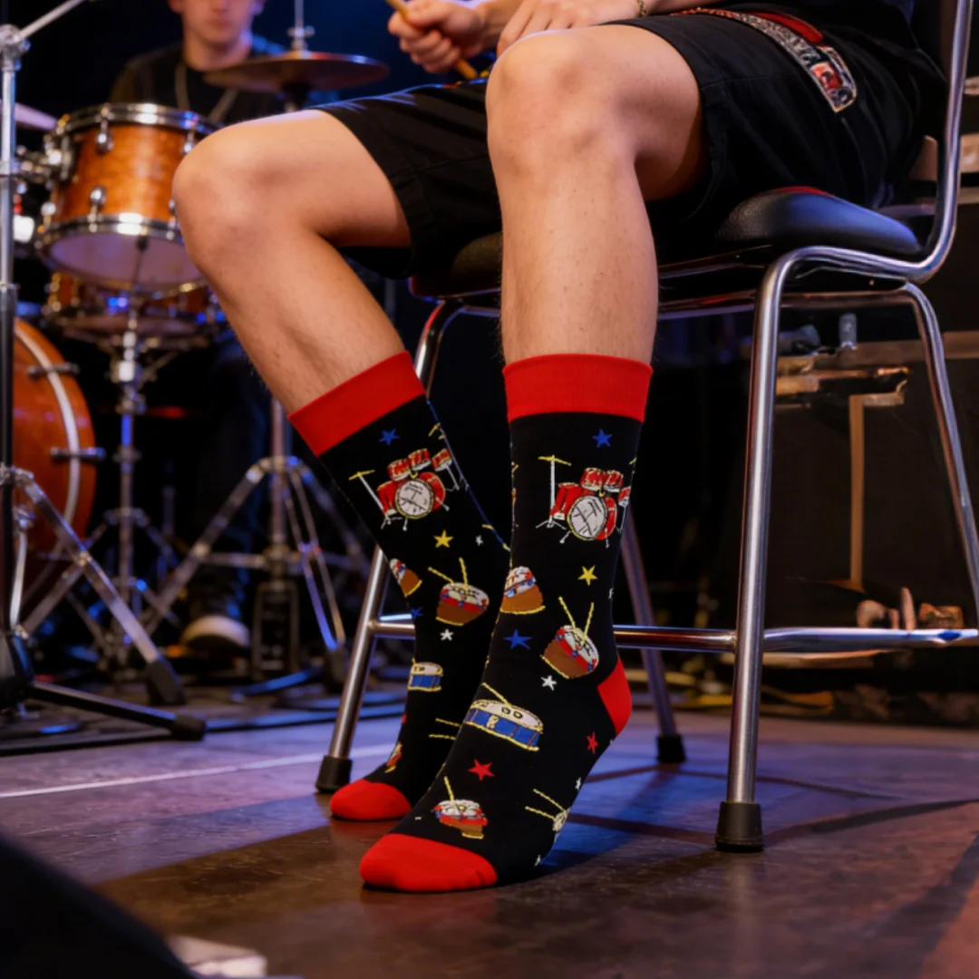 

1 pair of mid-calf socks featuring drum kit design, a must-have for street style and music lovers