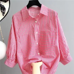 Women Shirt Blouse Striped Shirt Top Women's Autumn Three-Quarter Sleeve Large Size Shirt Blusas Mujer De Moda