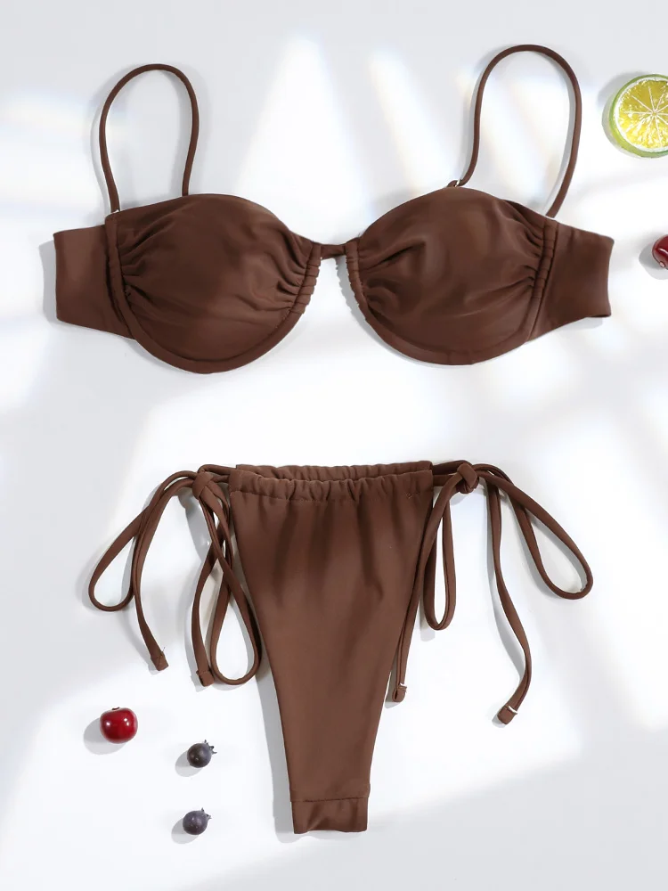 Rinabe Brown Bikini String Bikinis High Cut Swimsuit Bandeau Swimsuits Push Up Swimwear  Three-Piece Bathing Suit view 2