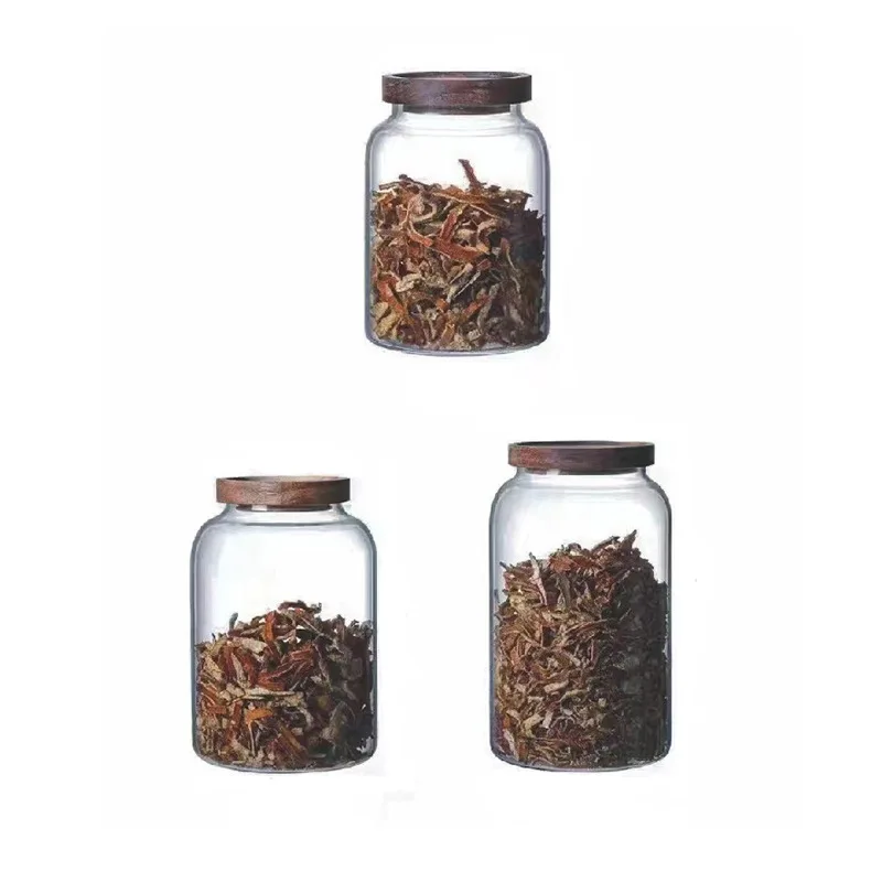 LMM glass tea bottle with lid, straight storage glass jar, walnut moisture-proof