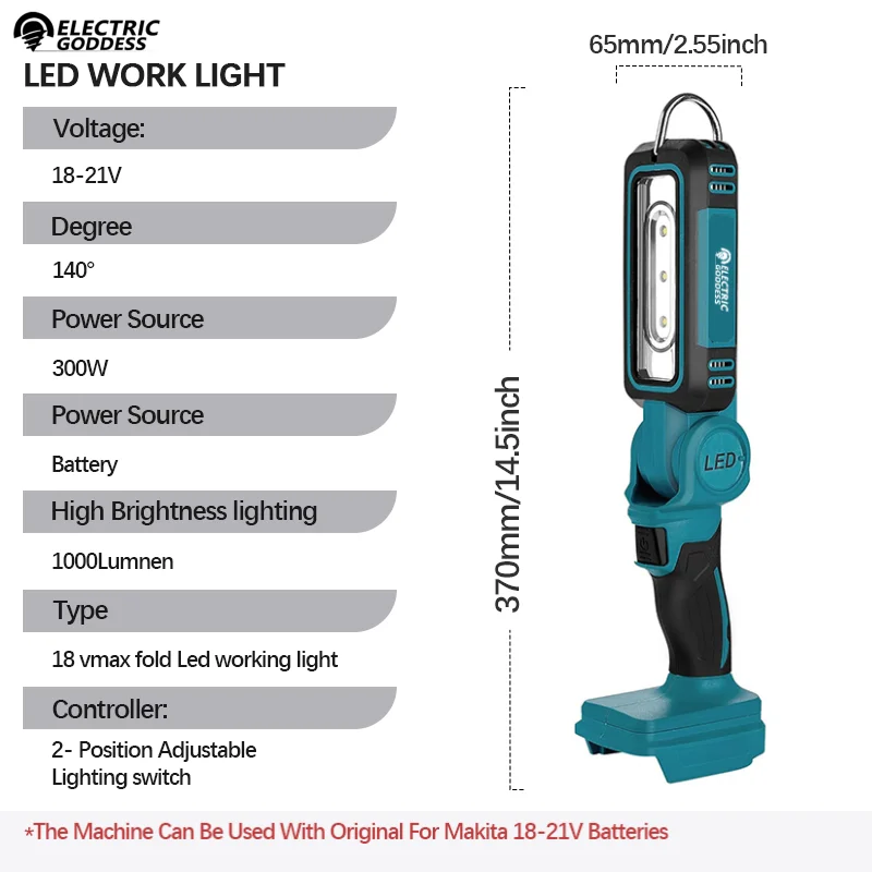 Electric Goddess Outdoor Flashlight Portable Floodlight Multi-function Repair Camping Lighting Tool Light For Makita 18V Battery