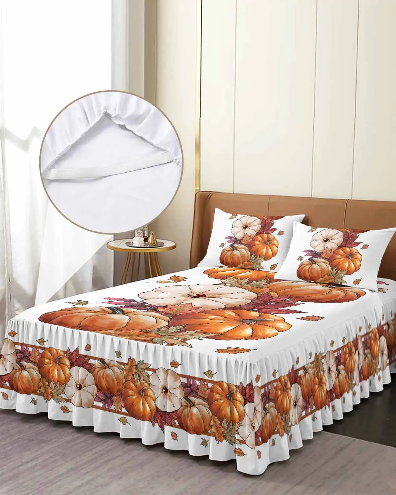 

Autumn Thanksgiving Pumpkin Maple Leaves Skirt Elastic Fitted Bedspread With Pillowcases Mattress Cover Bedding Set Bed Sheet