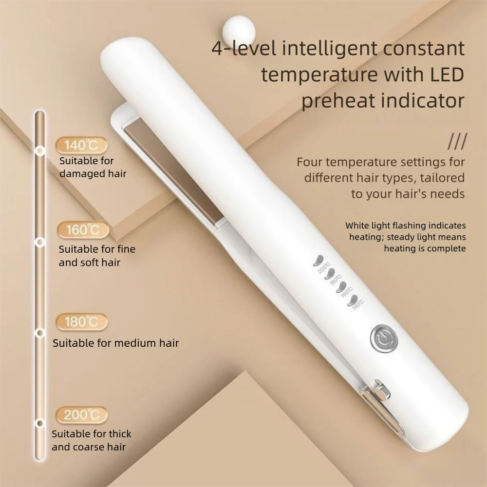 

2 in 1 Mini Hair Straightener Quickly Heating Rechargeable Electric Hair Curler Temp Adjustable 4 Heat Levels