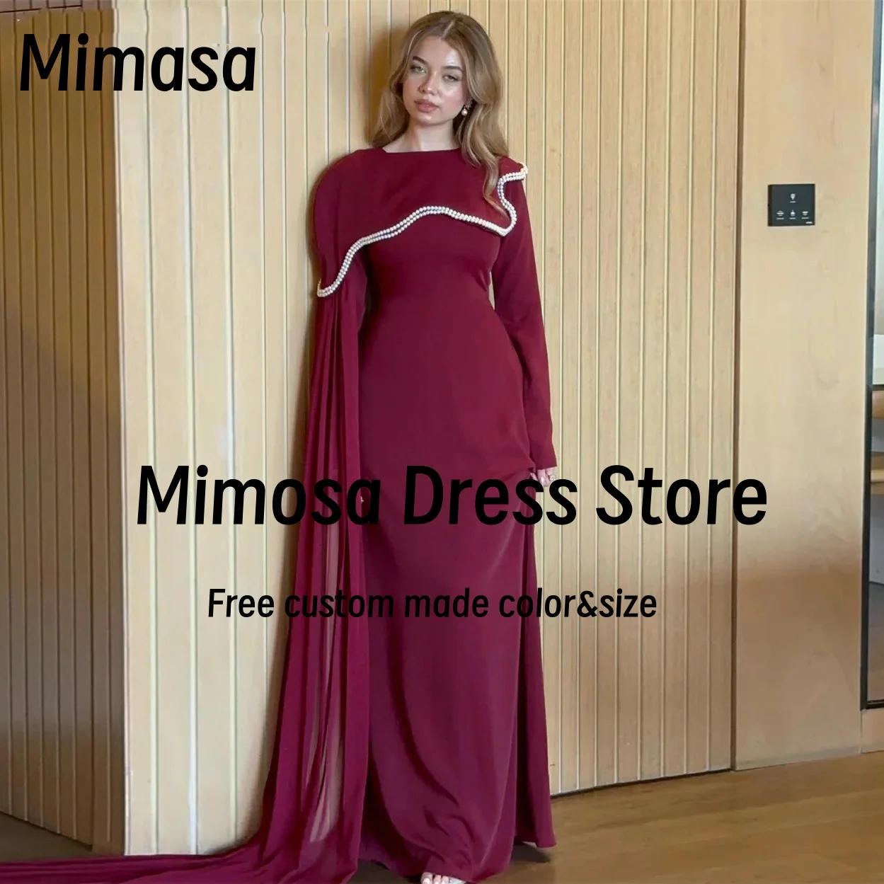 

Mimosa O-Neck Evening Dresses with Beading Shawls Long Sleeves Prom Party Dress Saudi Arabia Formal Occasion Gowns Customized