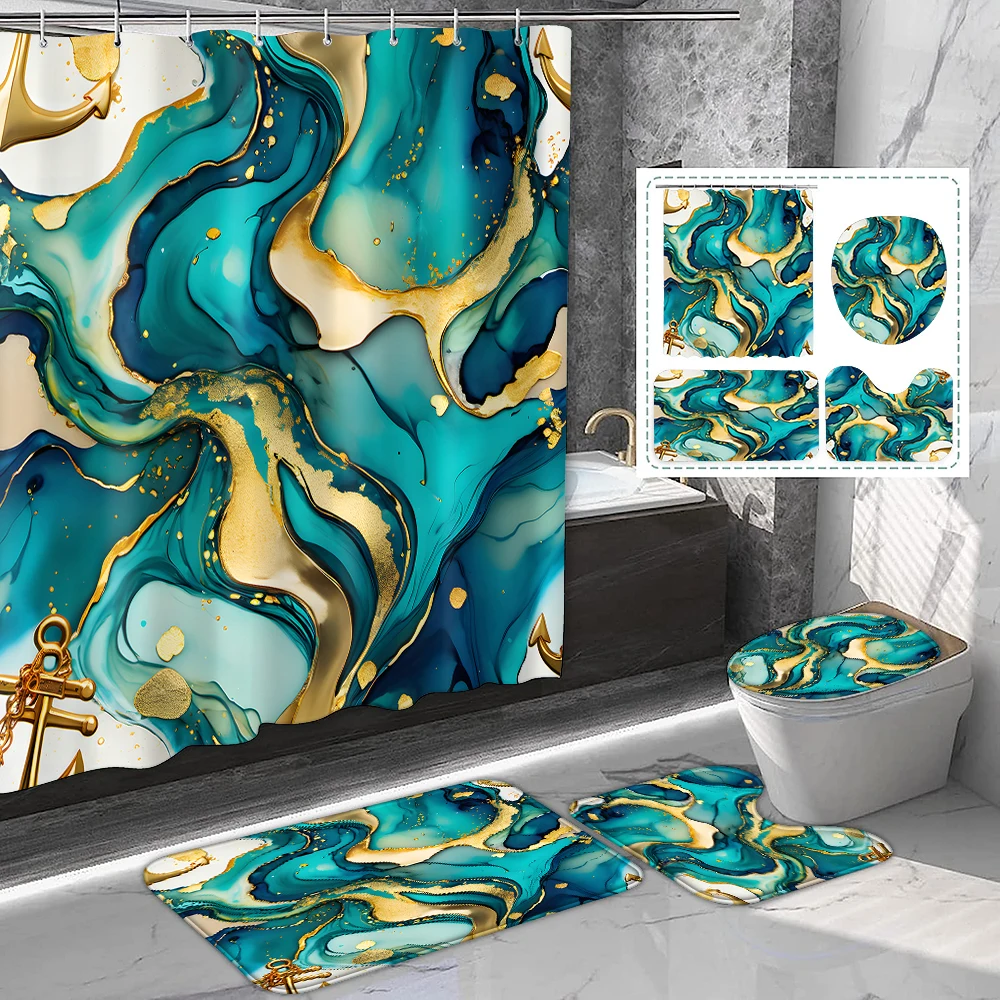

1 комплект занавесок для душа с зеленым позолоченным мрамором и крючками, коврик для туалета и ванной комнаты, принадлежности для ванной комнаты