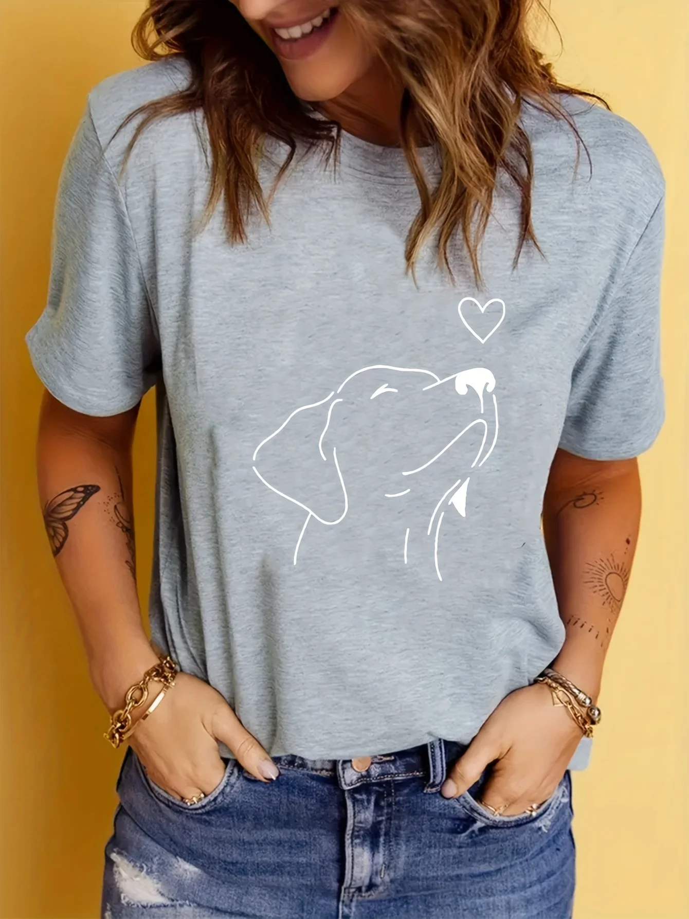 تي شيرت رياضي برقبة دائرية وطبعة كلب وأكمام قصيرة، ملابس كاجوال للجري، ملابس نسائية جمالية #3