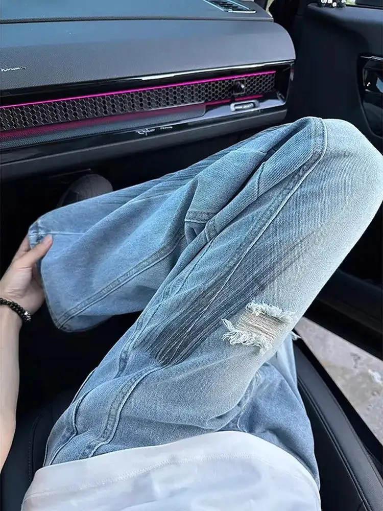 

Cleanfit Светло-голубые выцветшие джинсовые брюки Мужчины Женщины High Street Spray Ink Tie Dye Прямые широкие джинсы с ножом