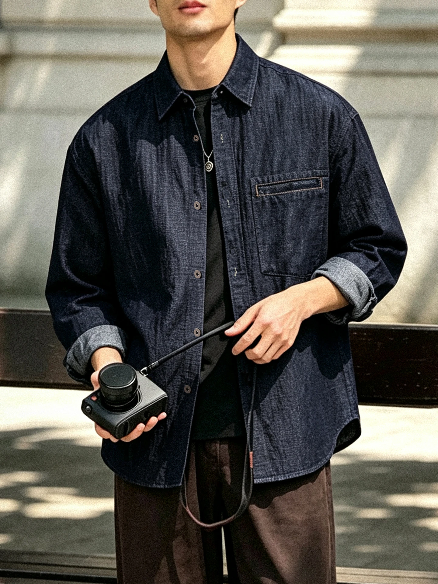Non-Fading Denim Shirt Men's Loose Fit Casual Style Cotton Polyester Blend Long Sleeve Youth Popular Basic Design Autumn New