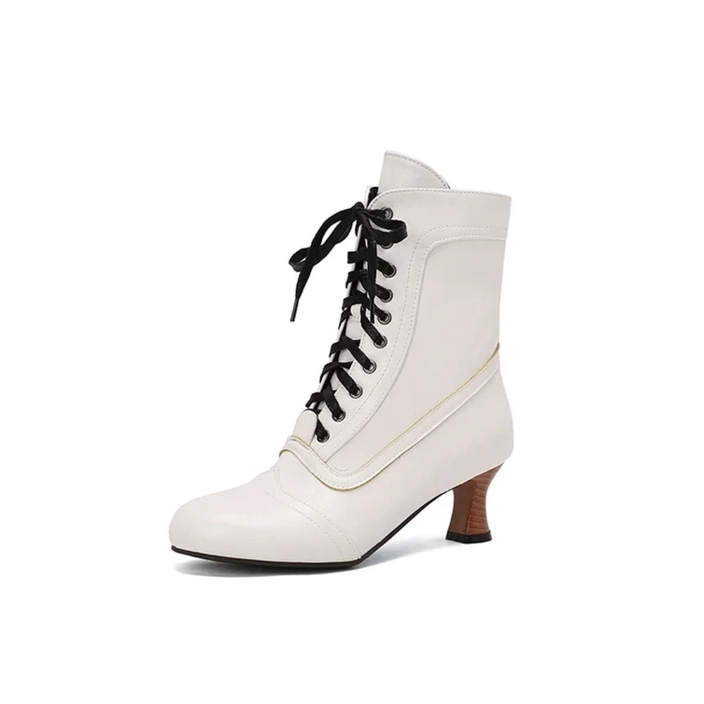Women Vintage Lace Up Ankle Boots Round Toe Kitten Heel Inner Zipper Gothic Booties EU34-50,8 Colors Available 7721