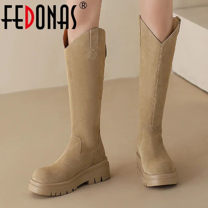 

FEDONAS Platforms Concise Fashion Women Knee High Boots Autumn Winter Office Casual Cow Suede Leather Thick Heels Shoes Woman