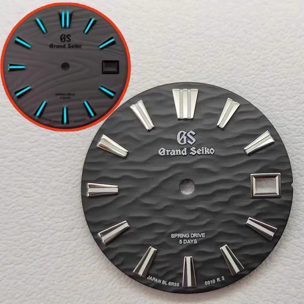 28,5 mm NH35 wijzerplaat/NH36 wijzerplaat blauwgroen lichtgevend S-logo golvend patroon mechanisch horloge BGW9 voor seiko mod