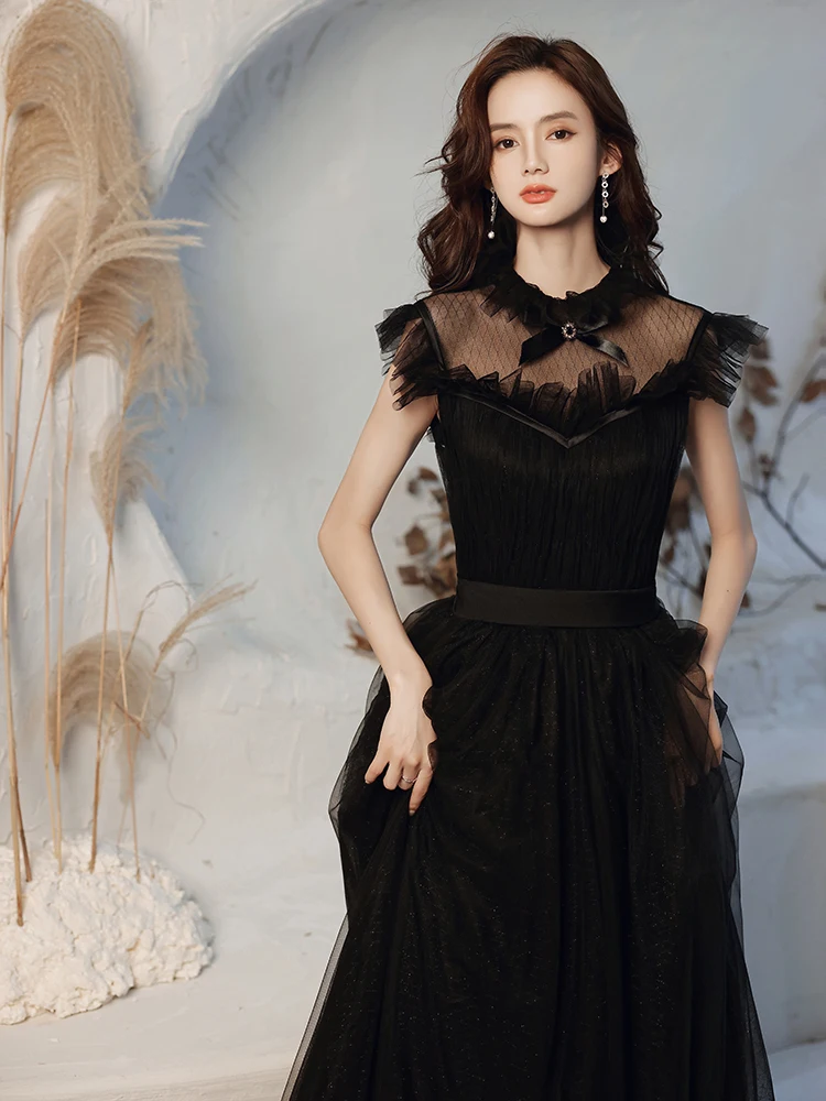 Robe de soirée noire de luxe, petite robe de bal de standing, dos nu, en Tulle, ajourée